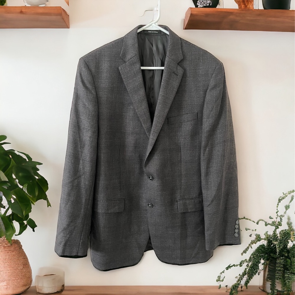 Calvin Klein Mens 42L Black Suit Jacket Blazer With Purple/Red Check